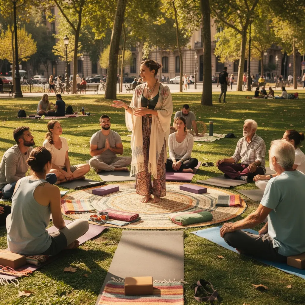 Grupo de personas meditando en la playa durante el amanecer.