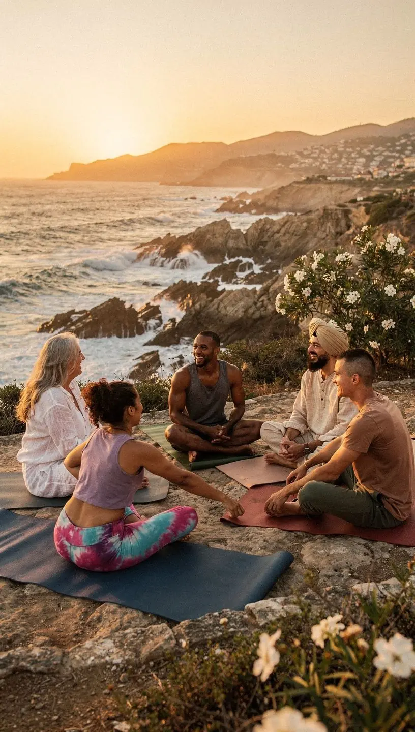 Practicante de yoga realizando una postura en un entorno natural sereno.