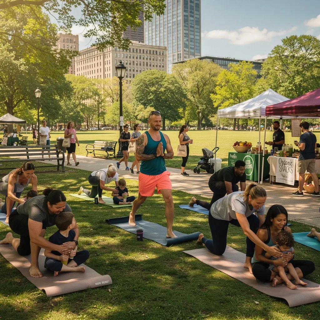 Un grupo de practicantes de yoga en una clase al aire libre, conectando con su energía y respiración en armonía.