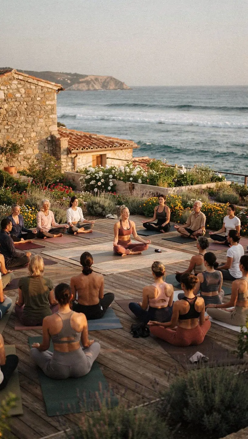 Una mujer meditando en una postura de loto, con una expresión de paz y serenidad, reflejando el viaje interior del yoga.