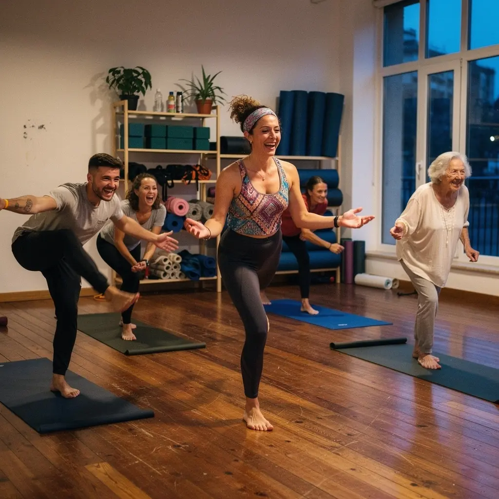 Un grupo de practicantes de yoga en una clase al aire libre, conectando con su energía y respiración en armonía.