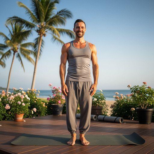 Persona realizando una asana avanzada con expresión de concentración.